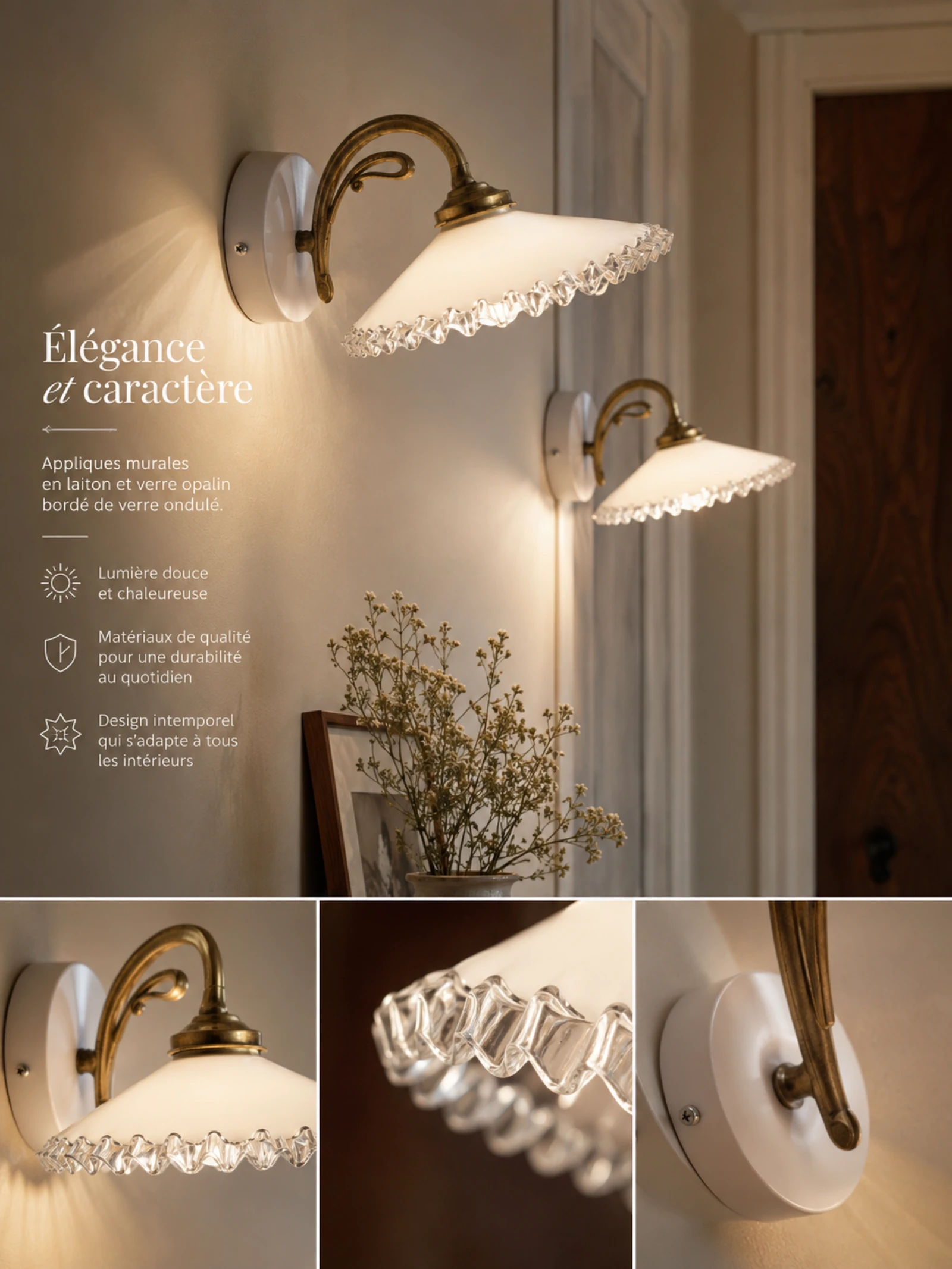 Pair of brass and opaline glass wall sconces bordered with wavy glass – photo 8